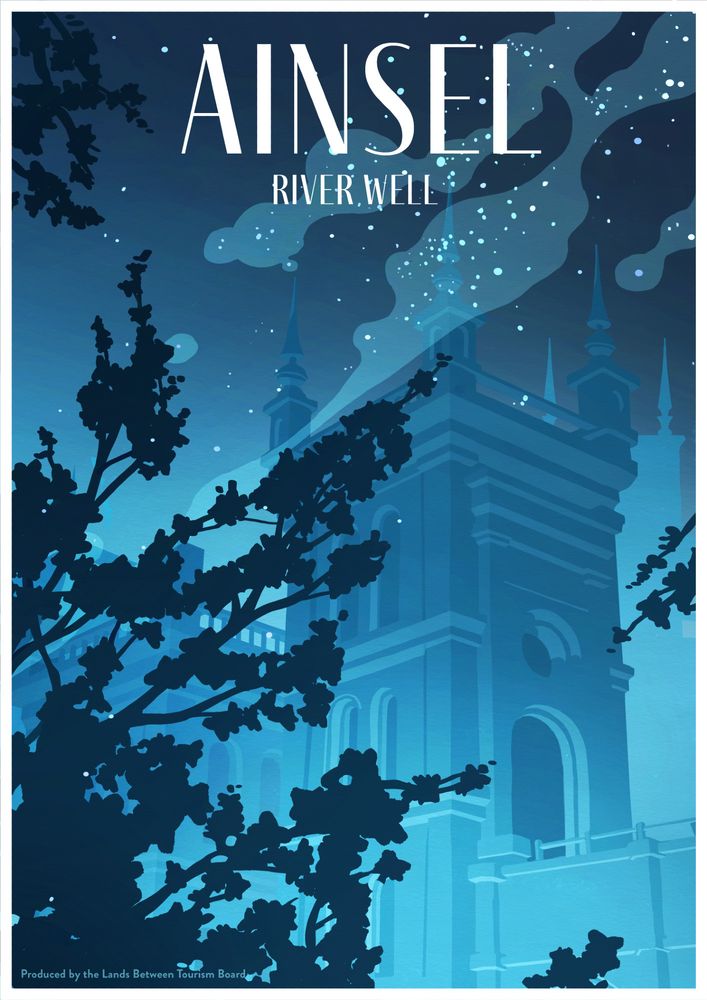 art deco travel poster of the elden ring location, ainsel river well.  its all blue and theres like a tree in the forground and a building in the background and little clouds of starry bits 