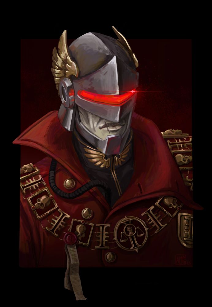 Adeptus Arbites character from the warhammer 40k universe.  He has a cool arbites visor that obscures most of his face with a red light shining out of the visor, it alsp has little eagle wings on the sides.  He's wearing a red cloak and an arbites themed chain of office, complete with purity seal. 