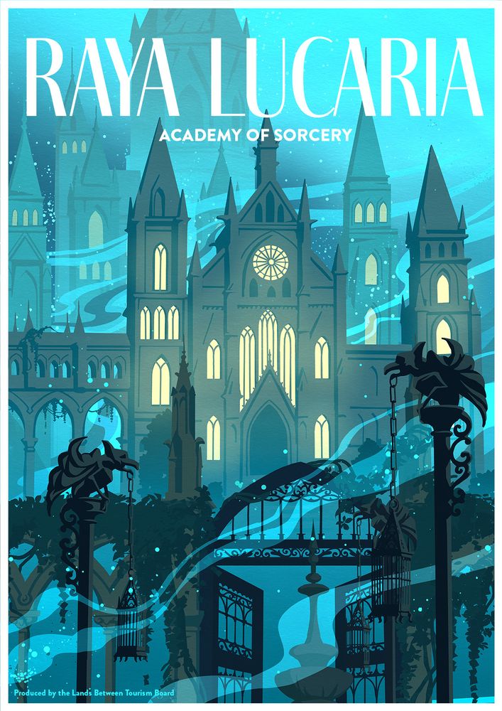 Art deco style travel poster of the academy of Raya Lucaria from Elden Ring.  very blue, pretty castles off in the distance with trails of blue magic in the air