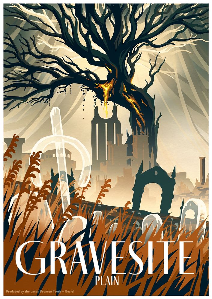 An art deco travel poster of the gravesite plain from Elden ring's dlc. We can see many spirit graves in amongst the orange grass and we see the scadutree in the distance 