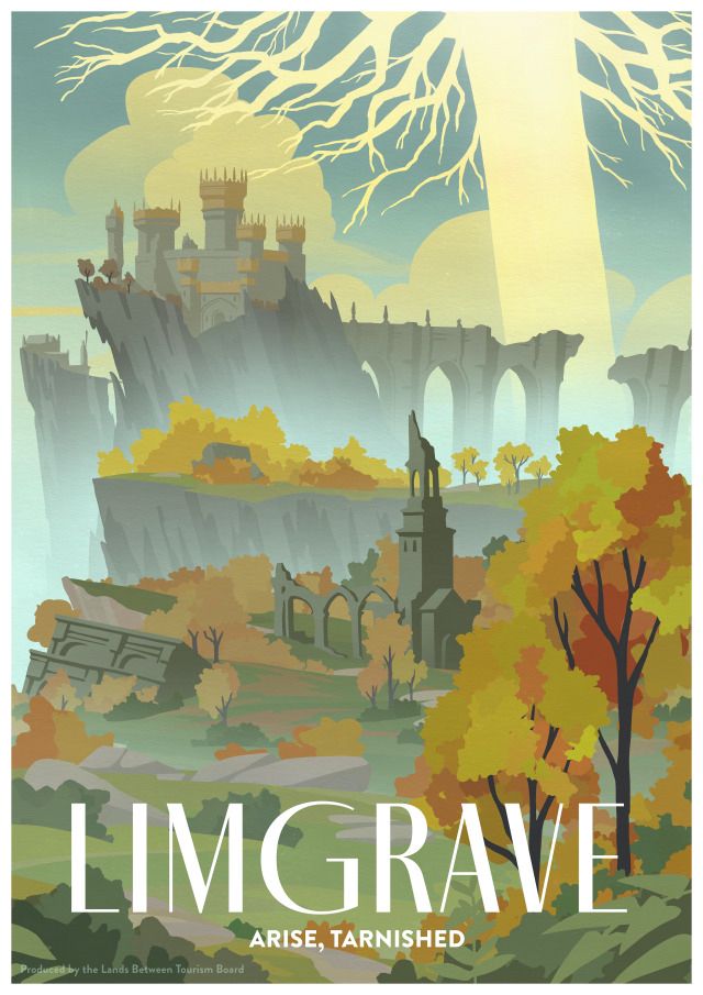 Art deco travel poster of king rave from elden ring. We can see the erdtree off in the distance behind stormveil castle up on a cliff in the background 
