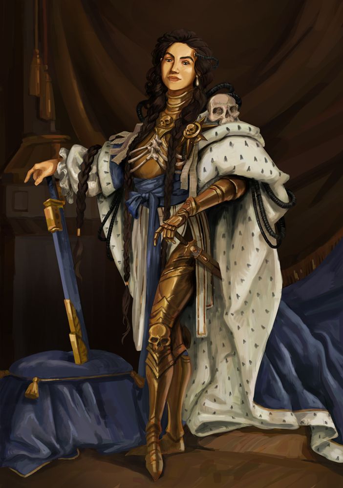 A reinterpretation of a famous portrait of Louis xiv: a lady rogue trader with blue velvet mink lined coat (with standard 40K wires coming out). She has golden armour and adorned with skulls and other bones and she's resting one hand on a chain sword. 