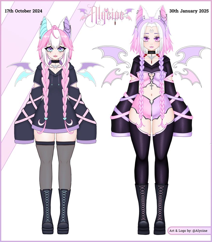 Image shows two different versions of Alycine. The left showing her with pink and white hair in two large braids and an oversized hoody.
The right showing her with short purple to pink hair with two long braids in the front, her hoody has turned into a cropped hoody to show off her vampire inspired two piece underneath. 