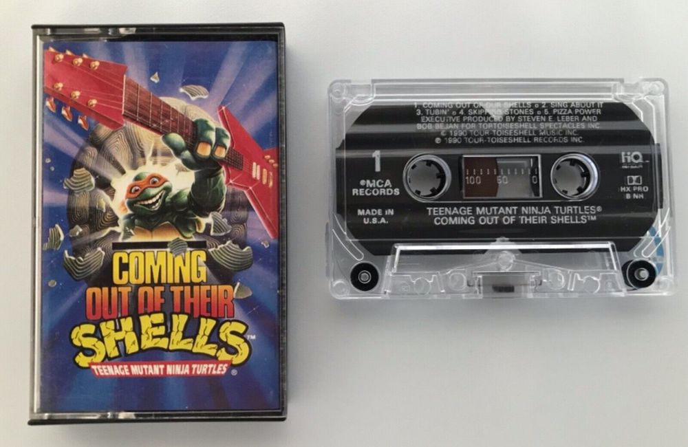 Cassette tape case and cassette for the Teenage Mutant Ninja Turtles "Coming Out of Their Shells" tour album.