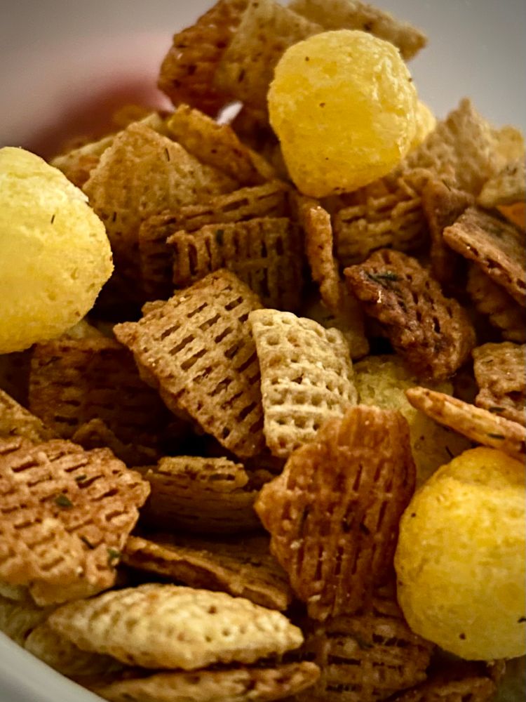 Close up of homemade Chex Mix snack mix