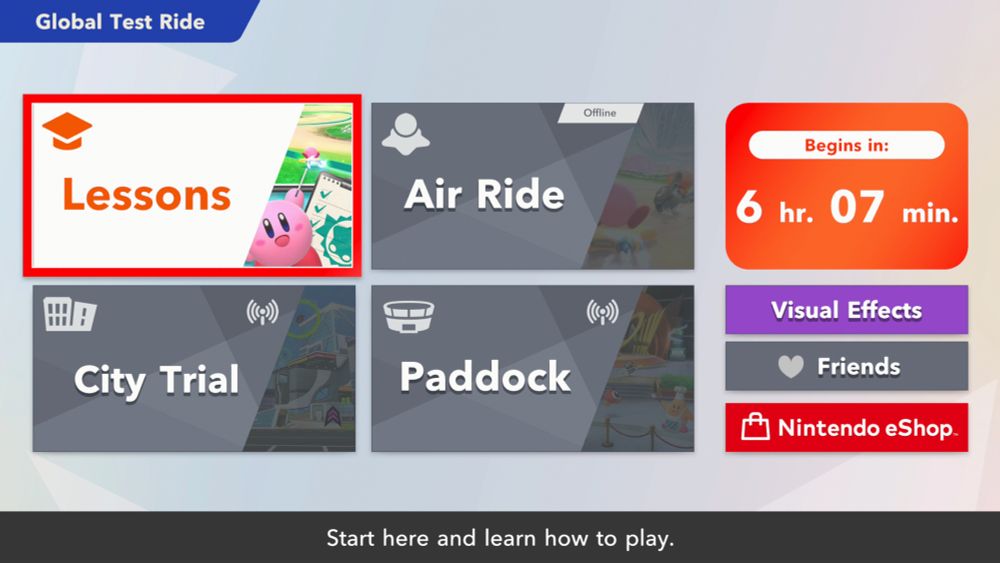 screenshot of Kirby Air Riders: Global Test Ride with countdown timer at 6 hr. 07 min.
