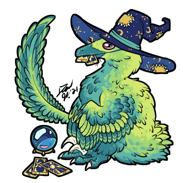feathered velociraptor with wizard hat, crystal ball, and tarot cards, some of which are in its mouth