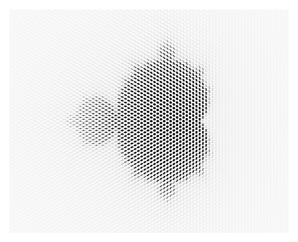 A hexagonal grid in the plane with each cell filled with a small image of a black and white fractal.  Some of the fractals are larger (and darker) than the others, so when looking from a distance another image emerges (as the fractals themselves act like dark/light pixels for the larger image)