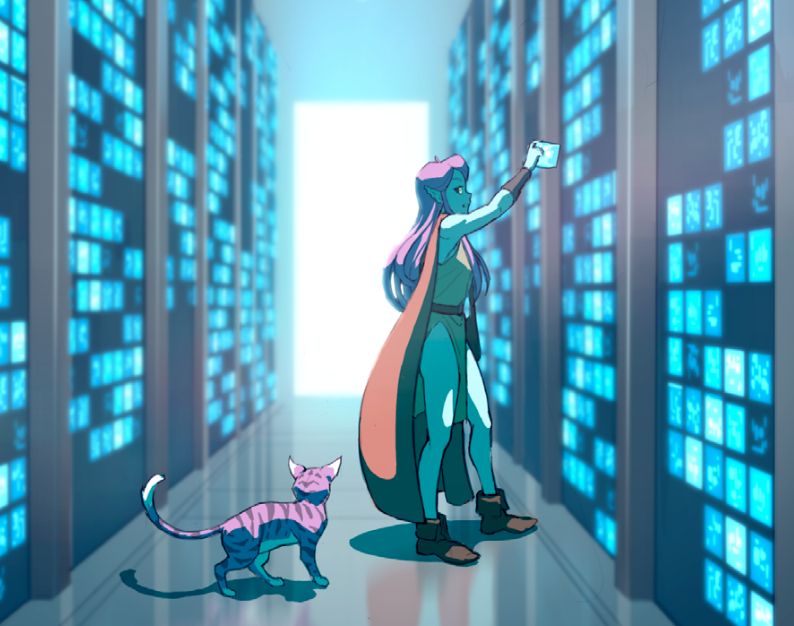 Mariah again, messing with some old world data crystals. Her soul companion, Churly Paws (a pink cat) is keeping lookout for her.