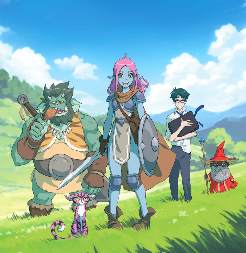 The BREAK!! RPG book cover, with Mariah Doeheart (a blue lady with pink hair and a cool sword) standing front and center with her companions - she's looking more enthused about their latest adventure than they are.