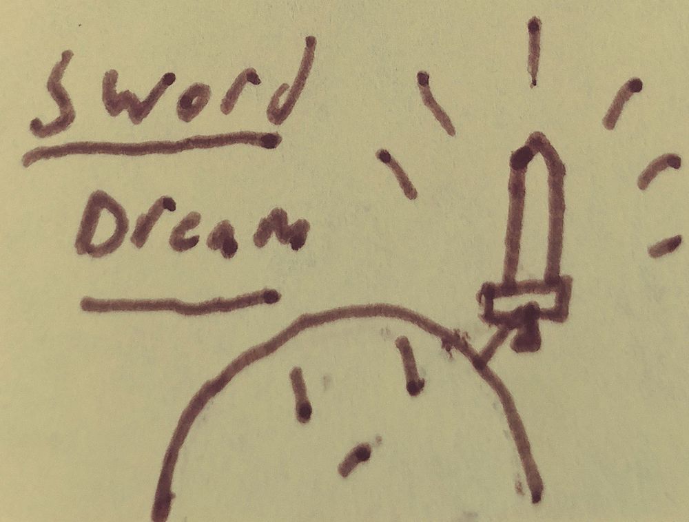 A sword dream logo featuring a little bean man
