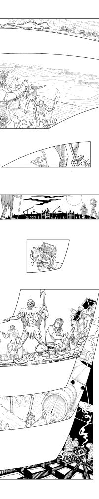 Comic Page, EveryDay Epics, Episode 1 Page 13. Mobile version (vertically formatted): Horse-drawn wagons full of workers and drive into the desert and start digging at a one of the many mounds visible around, guarded by the evil-looking mercenaries. They don't find the scrolls alluded on the last page, but they find regular-looking treasure, which they promptly start to melt for transport.