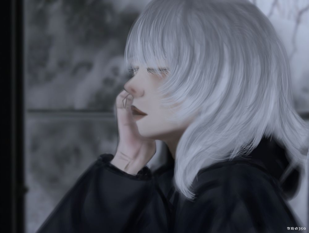 Pondering for time memorial, eyes closed, white lashes, white hair, winter background. 