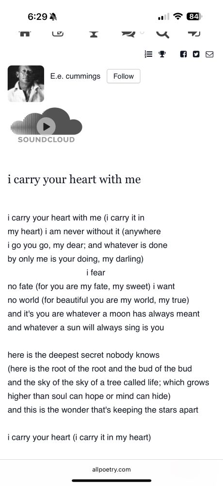 Screenshot of the poem I carry your heart with me by EE Cummings. 