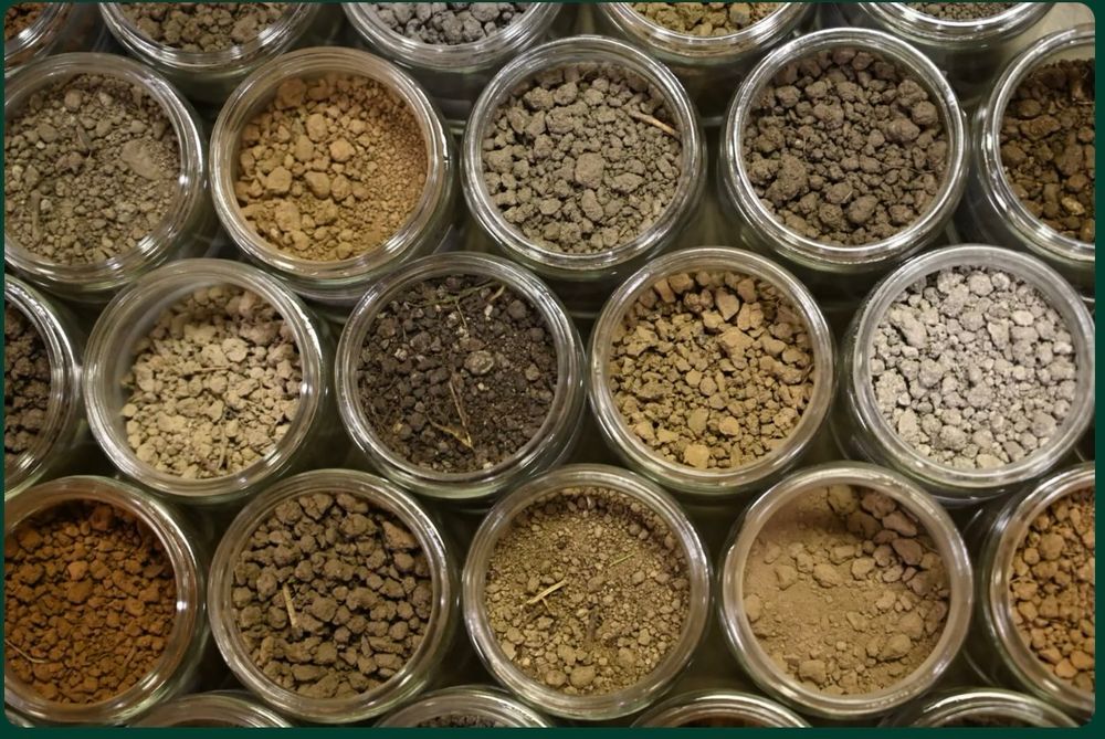 Numerous small jars of different colored soils in shades of tan, brown, red and orange. 