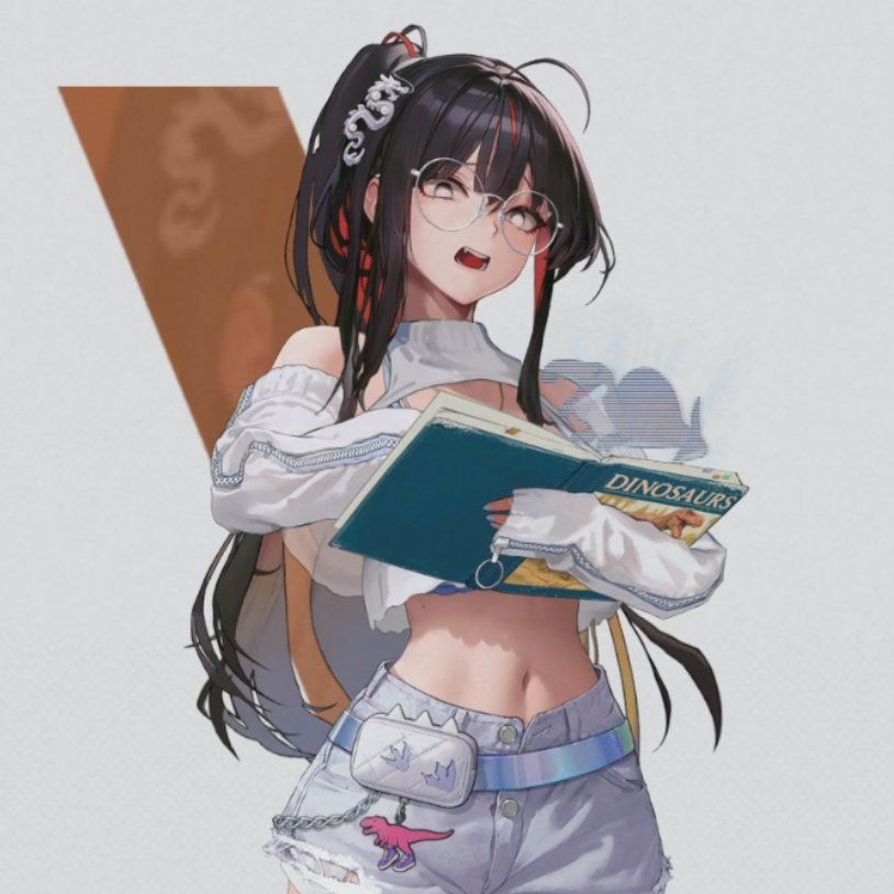 Moran, from the mobile game Nikke: Goddess of Victory, looking surprised and dismayed at the Spinofaarus hologram which has appeared from her book about dinosaurs