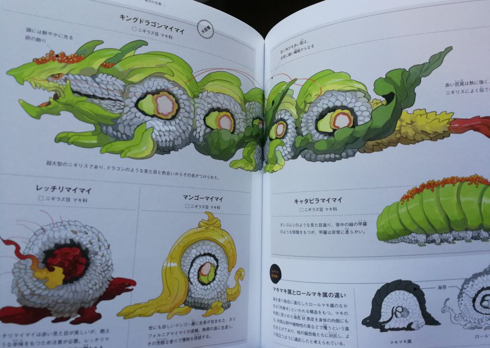 Illustrations of the dragon roll and other overseas variants of sushinigiris pseudo-dinosaurs