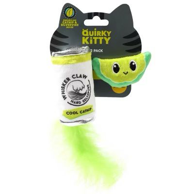 a cat toy that’s a plush version of a white claw seltzer