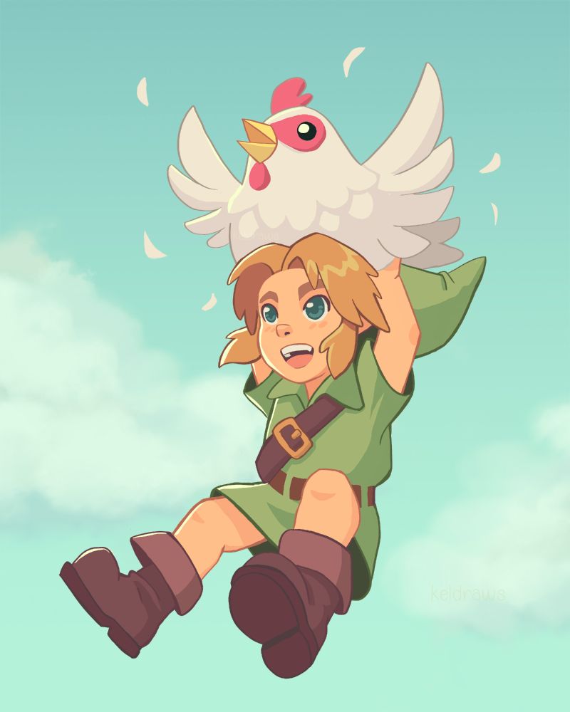 Digital illustration of Kid Link from Legend of Zelda: Ocarina of Time flying with a cucco