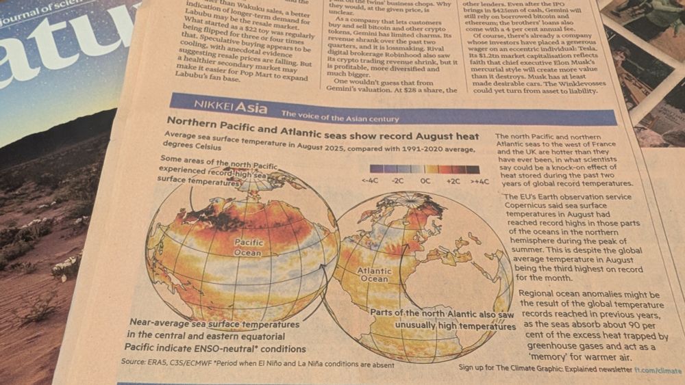 FT climate graphic: Northern Pacific and Atlantic seas show record August heat