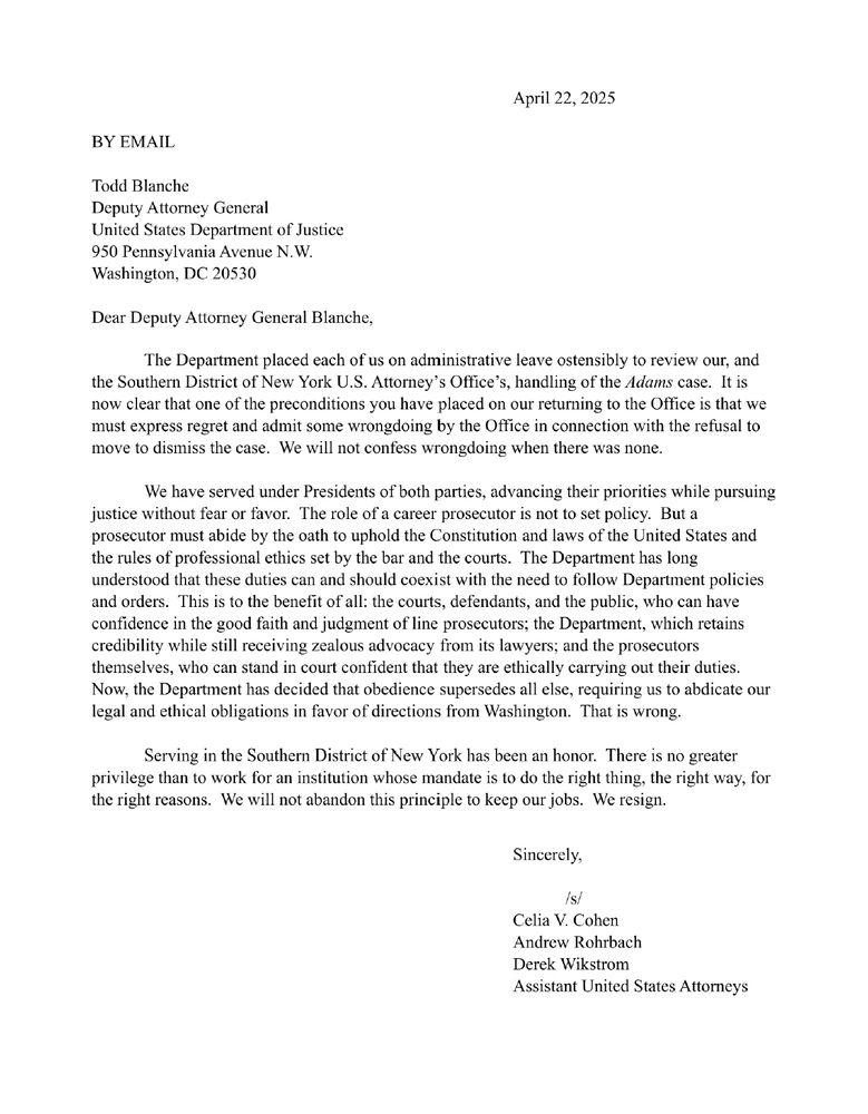 SDNY resignation letter from Celia V. Cohen, Andrew Rohrbach, and Derek Wikstrom