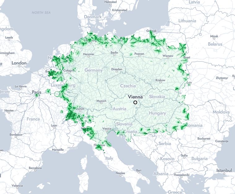 Cities reachable by train from Vienna in under 10 hours