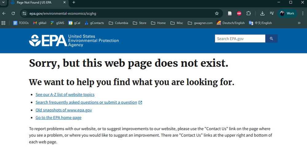 404 error page on EPA.gov's Social Cost of Carbon website