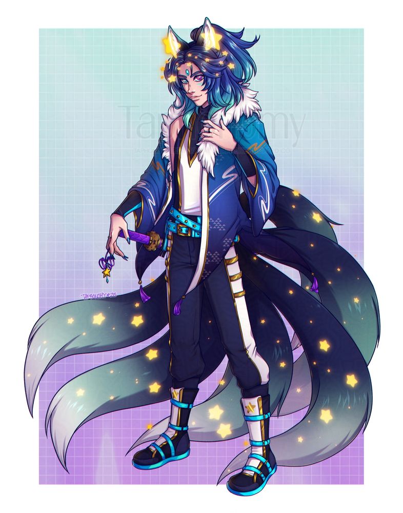 Digital illustration of a blue foxboy kemonomimi with stars around his ears and on his six tails. 