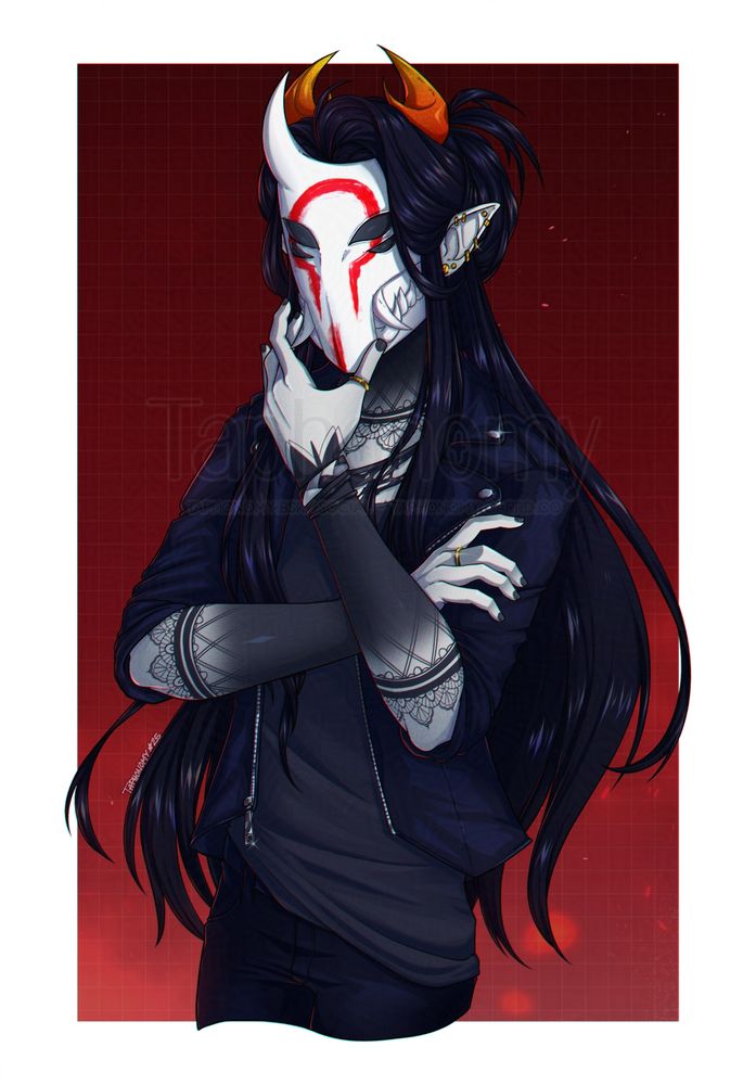 Digital illustration of a masked masc Homestuck fantroll with blackout tattoos and long hair. 
