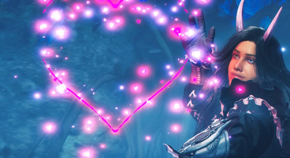 Screenshot of my Monster Hunter Wilds hunter, Aster (he/him) in his halloween outfit making a magical neon heart. 