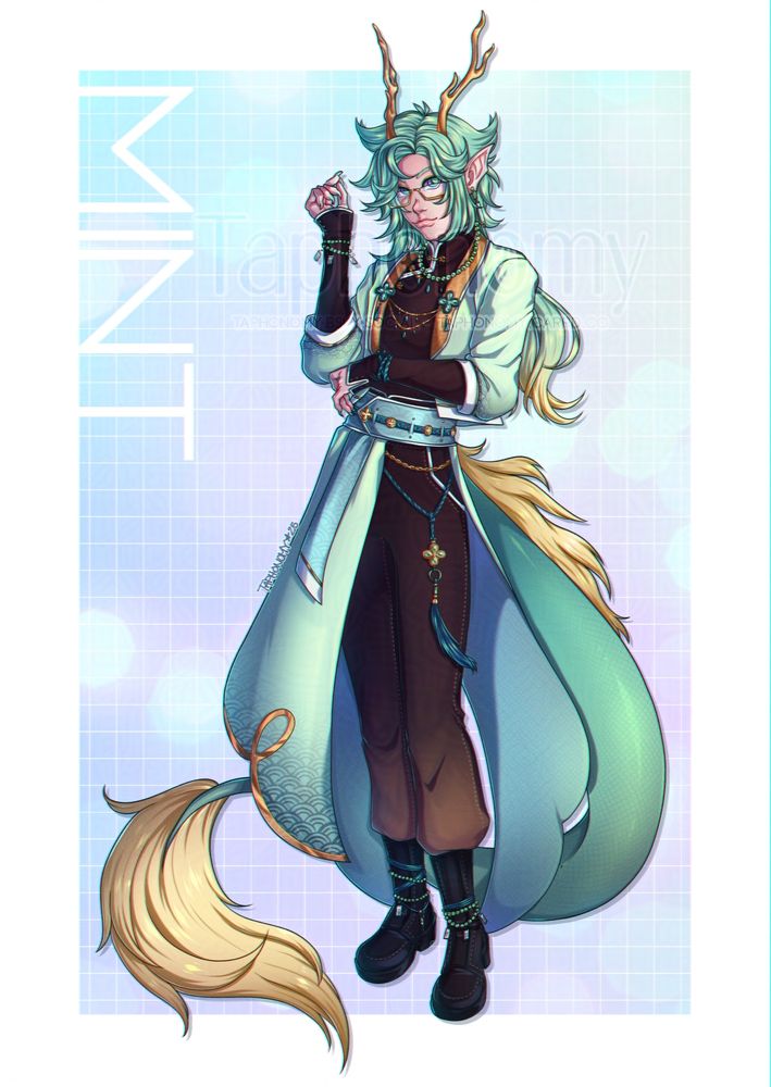 Digital illustration of a mint green dragon kemonomimi in a light green, gold, and brown outfit. 