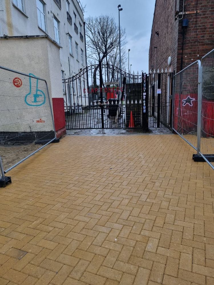 Yellow paving in front of the Clapton CFC gate