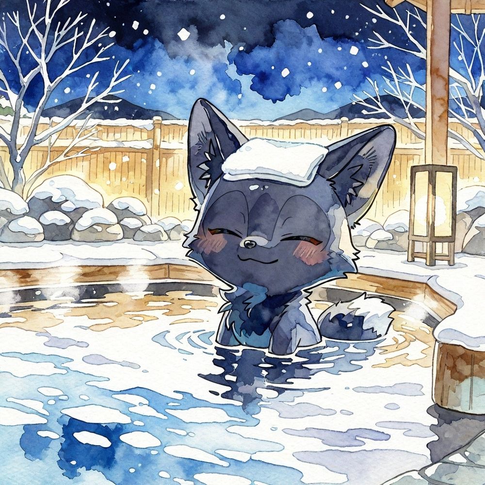 少し涼しくなるようなイラストにしてみました〜(*´▽｀*)☃️ やっぱ雪と温泉は合いますね♪😁✨️ ちなみに銀狐と指定したはずのですが… これは、銀色？🤔