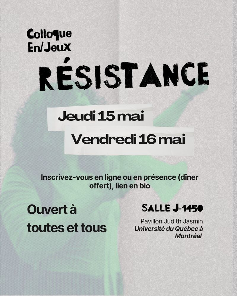 Colloque Enjeux 2025 ouvert à toustes jeudi 15 mai et vendredi 16 mai. Affiche avec une femme qui tient un mégaphone. Pour le programme au complet rendez vous ici: https://homoludens.ca/appels-a-communication-pour-en-jeux 