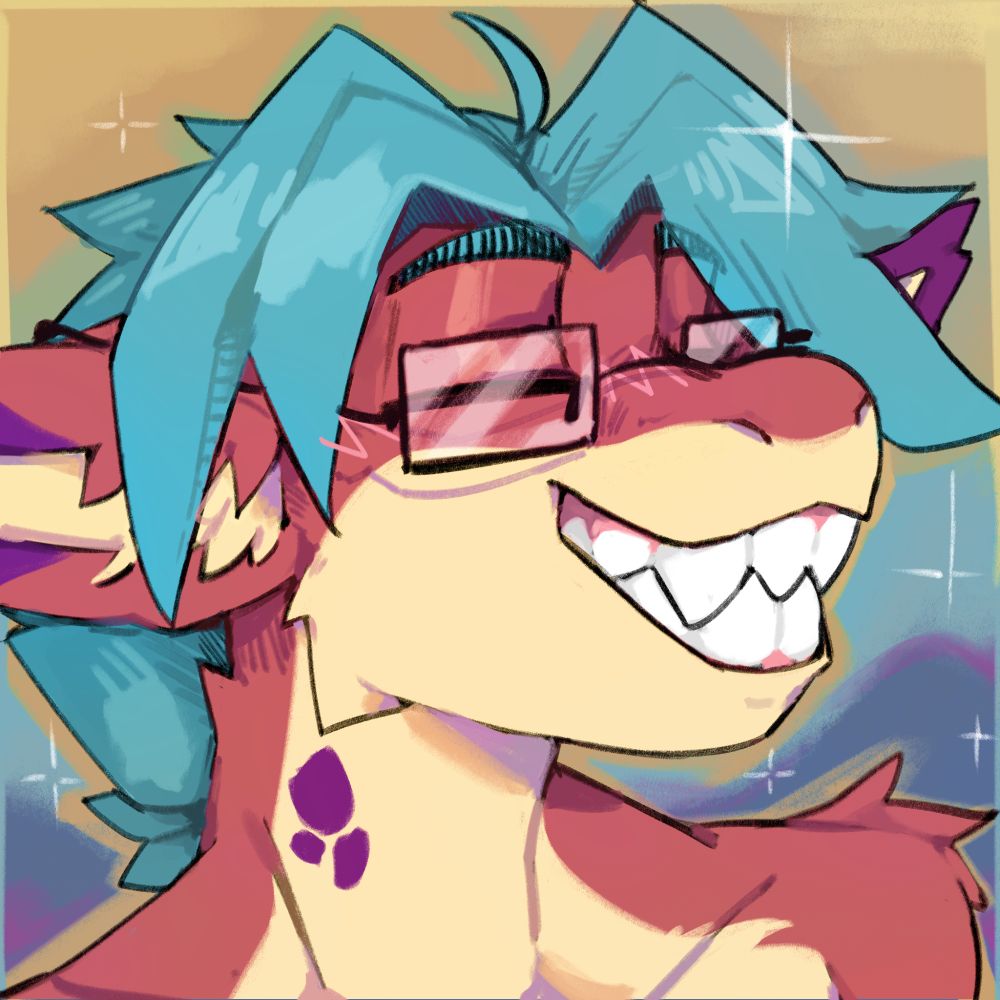 a red shark-husky with blue hair, smiling big with his big shark teeth.