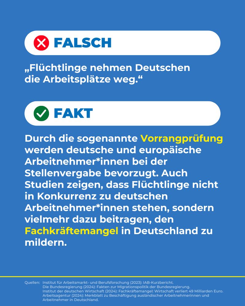 Der Falschbehauptung, Flüchtlinge würden Deutschen die Arbeitsplätze wegnehmen, werden hier die Fakten gegenübergestellt: Durch die sogenannte Vorrangprüfung werden deutsche und europäische Arbeitnehmer*innen bei der Stellenvergabe bevorzugt. Auch Studien zeigen, dass Flüchtlinge nicht in Konkurrenz zu deutschen Arbeitnehmer*innen stehen, sondern vielmehr dazu beitragen, den Fachkräftemangel in Deutschland zu mildern. 
