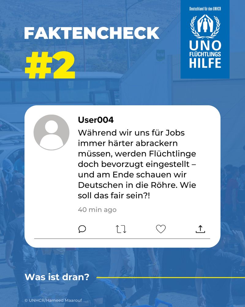 Beispielhafter Kommentar eines anonymen Social-Media-Users, der beklagt, dass Flüchtlinge Deutschen die Arbeitsplätze wegnehmen. Dieser Kommentar wird im Faktencheck der UNO-Flüchtlingshilfe überprüft und widerlegt.