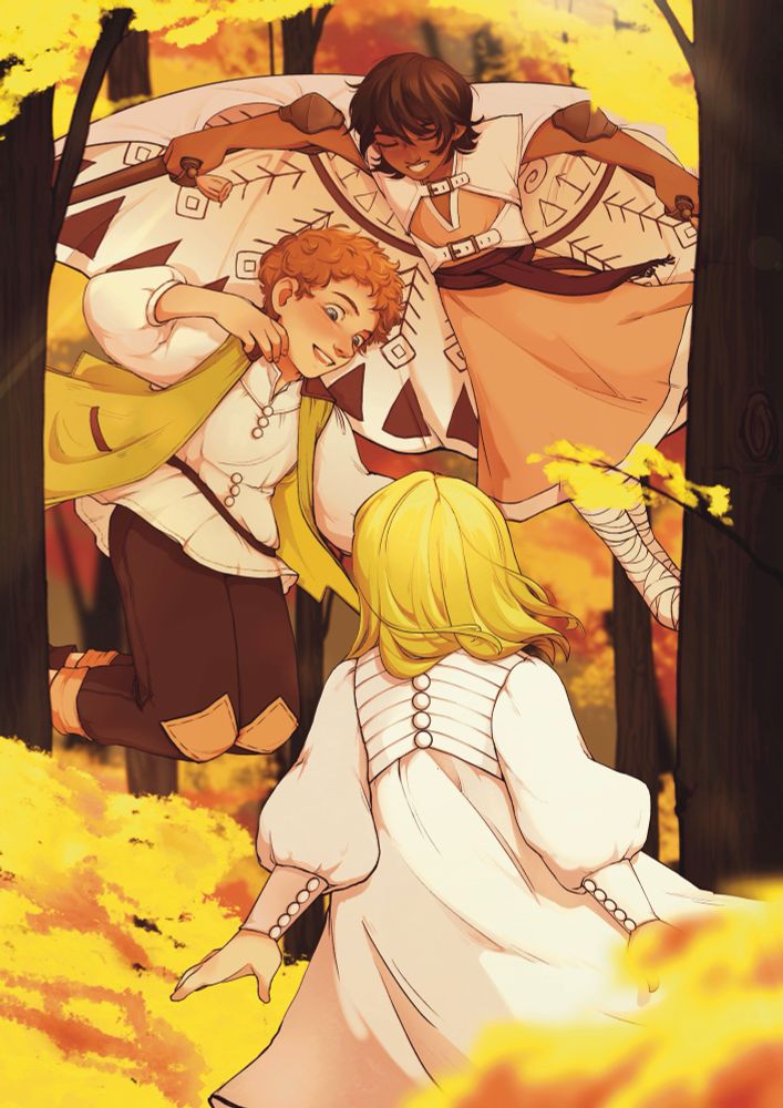 digital drawing of witch hat atelier characters (coco, tartah, and coustas) playing in yellow-colored autumn leaves.