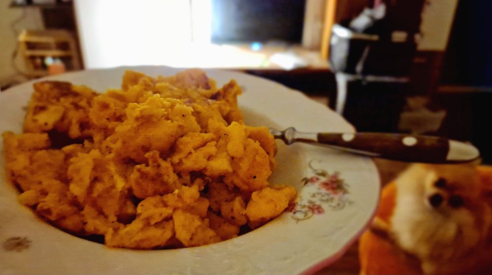 Talíř s večeří před obývací stěnou v pozadí. Povšimněte si, prosím, v pravém dolním rohu zvědavou chlupatou můru ↘️