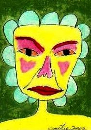 Picture of portrait of an older person, body face yellow, soft BLUE HAIR, remember blue hair before blue hair was a modern blue hair thing? Eyes nose cheeks pink, lips are red. Size is 3"x5" drawn waaay back in/dated 2002. Nashville. 