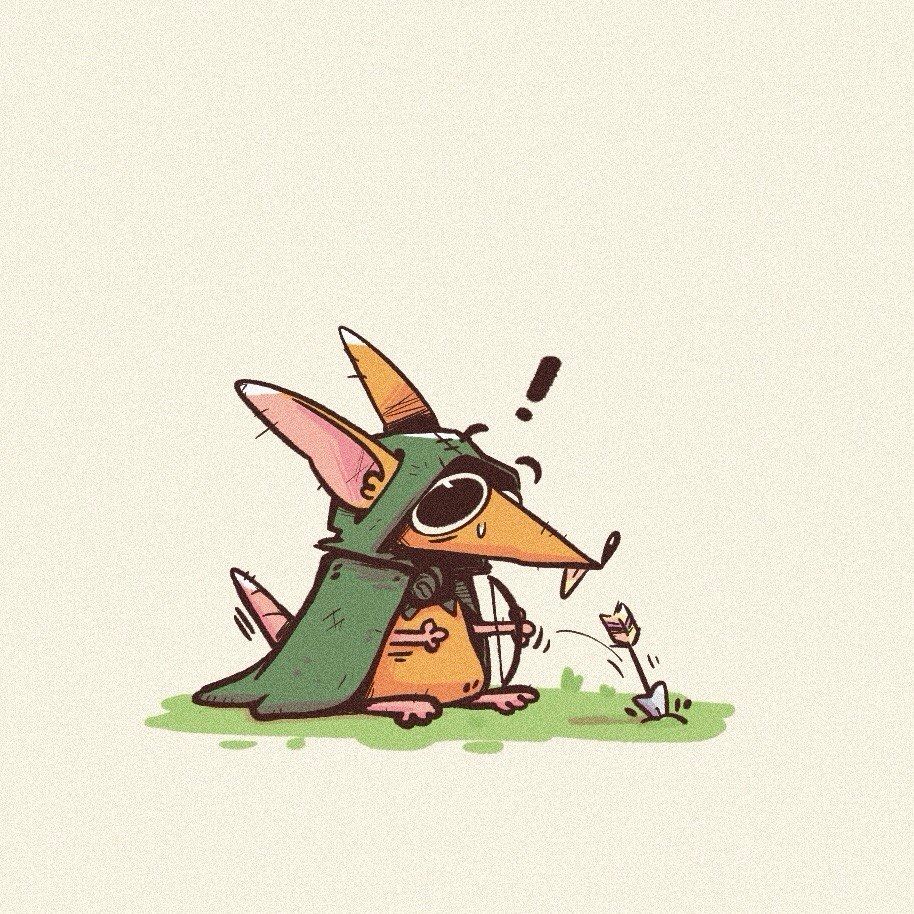 Colored drawing, cartoon style little cute orange rat with really long pointy ears. Throwing an arrow and failing