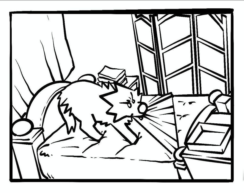 a wolf on a bed pulling off a fitted bed sheet.