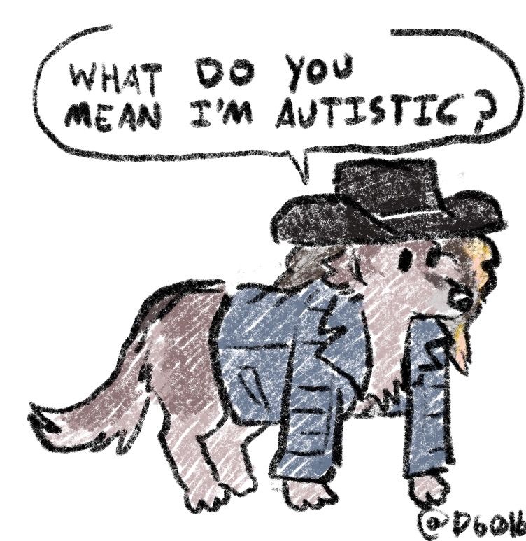 A brown/gray wolf wearing a denim jacket and cowboy hat saying "what do you mean i'm autstic?"