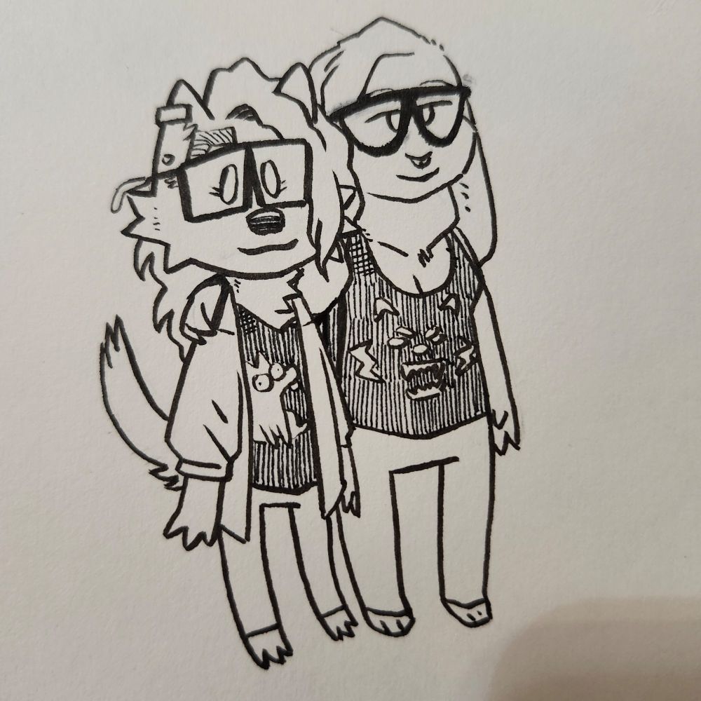 A wolf person and a taller bunny person with it's arm around the wolf