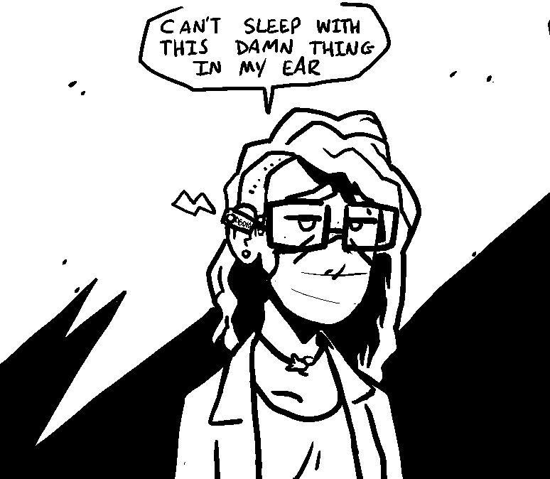 exhausted trans woman wearing a mask with electric ear tag "can't sleep with this damn thing in my ear..."