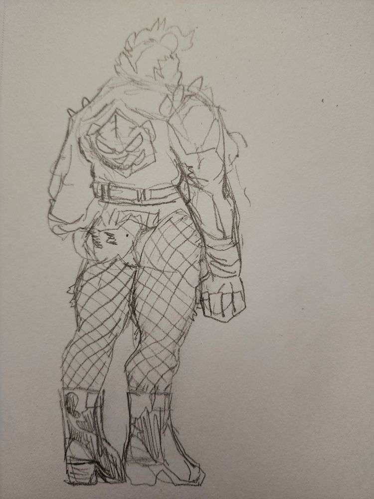 Sketch of a Tiger woman in a leather jacket, fishnet stockings and one in heel boots