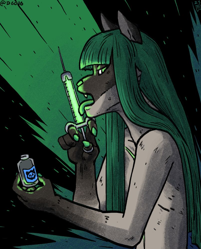 a Siamese cat girl with long green hair, green nails, a green tongue, and glowing green eyes.

in her closer arm is holding a small vial with a little bit of glowing in it with a cat skull sticker on the bottle. she is holding a glowing green syringe up to her face and licking it with her other arm.