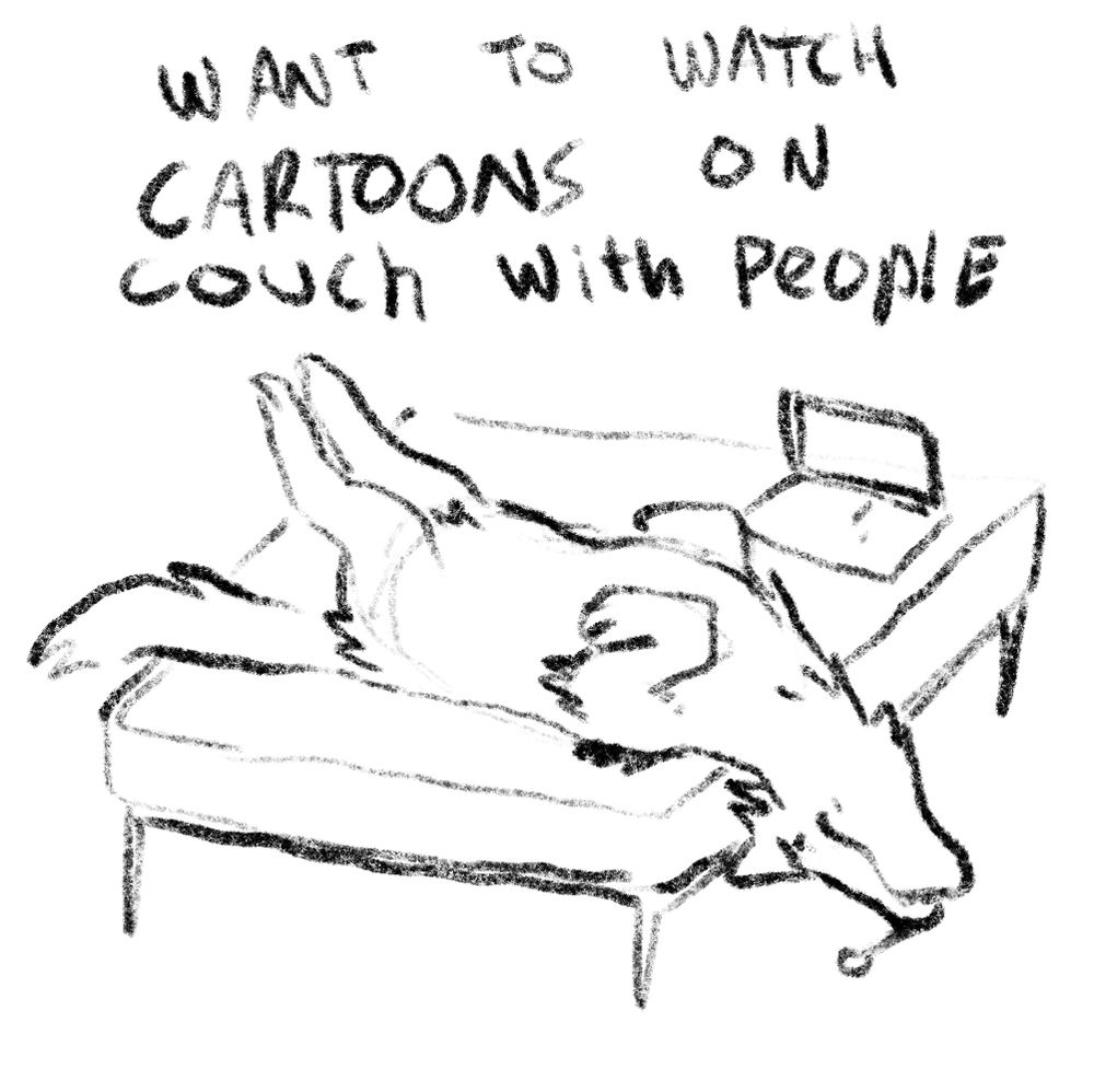 A wolf laying upside down on a mattress with a snot bubble swinging from its upside down nose. It says, "want to watch cartoons on couch with people. "