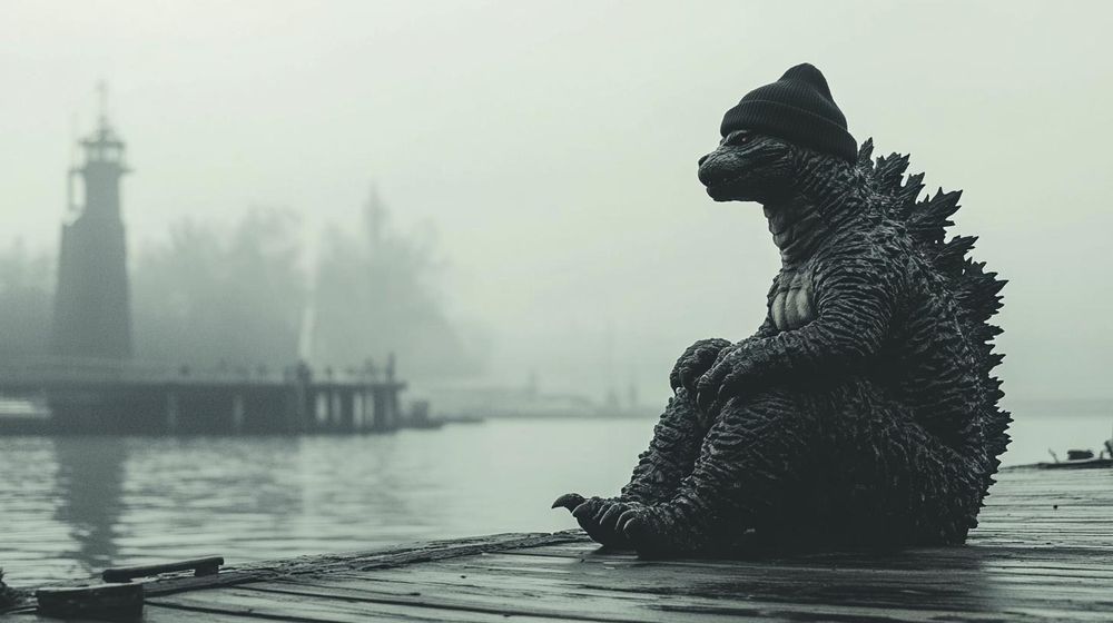 Godzilla mit schwarzer Wollmütze sitzt auf einem Kai. Im Hintergrund das Meer, ein verschwommener Leuchtturm im Nebel und ein paar Bäume.
KI-generiert.