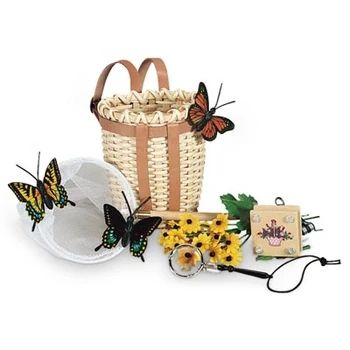 Miniature set with butterflies, a wicker basket with back straps, a net, and a magnifying glass. 
